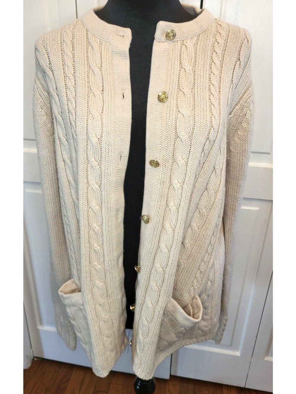 Classic Elements Beige Cable Knit Cardigan Gold Buttons PM Old Money Academia
